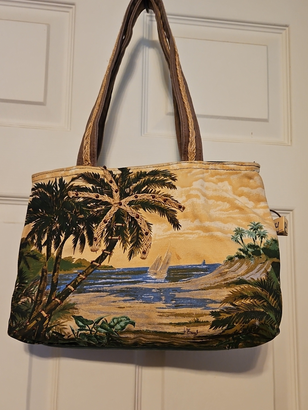 Canvas Tropical Print Tote Bag in Tan and Green